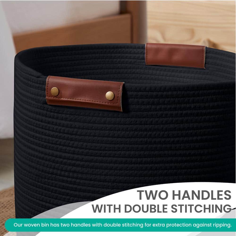 Large Black Cotton Rope Cylinder Laundry Hamper with Leather Handles