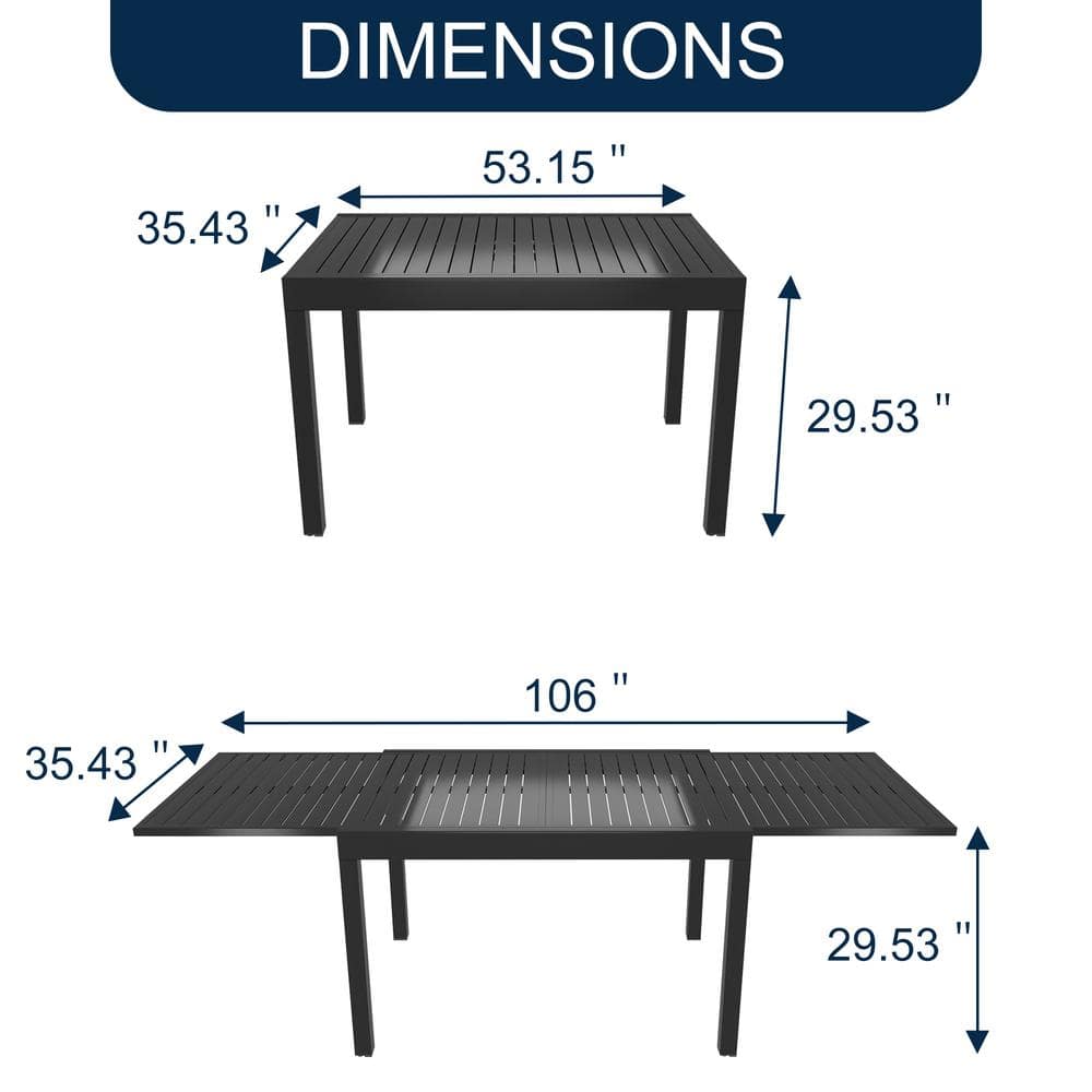 Black Aluminum Extendable Patio Dining Table for 6-8 People