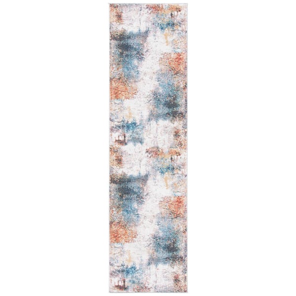 Phoenix 2 ft. x 10 ft. Ivory/Blue Watercolor Distressed Runner Rug