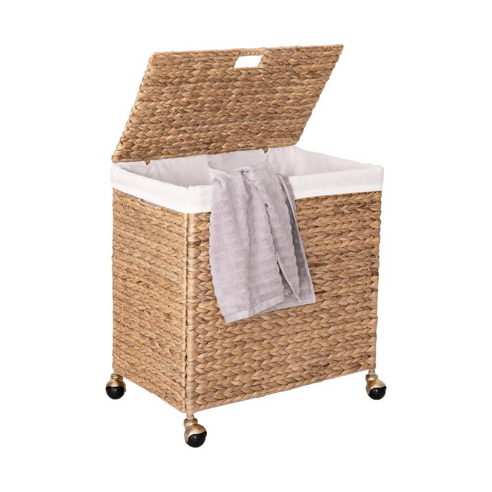 Natural Wicker Lidded Laundry Hamper with Gold Casters