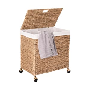Natural Water Hyacinth 23 in. H x 23 in. W x 15 in. D Wicker Modern Rectangle Laundry Room Hamper with Gold Casters