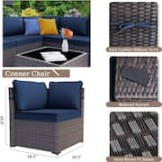 13-Piece Wicker Patio Conversation Set with 55000 BTU Gas Fire Pit Table and Glass Coffee Table and Cushions Navy Blue