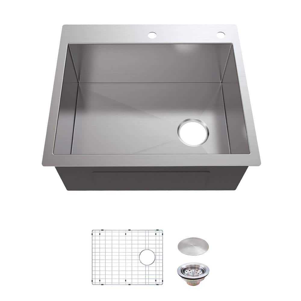 Glacier Bay Professional 25 in. Zero Radius Drop-in 16G Stainless Steel 2-Hole Single Bowl Kitchen Sink with Accessories, Silver