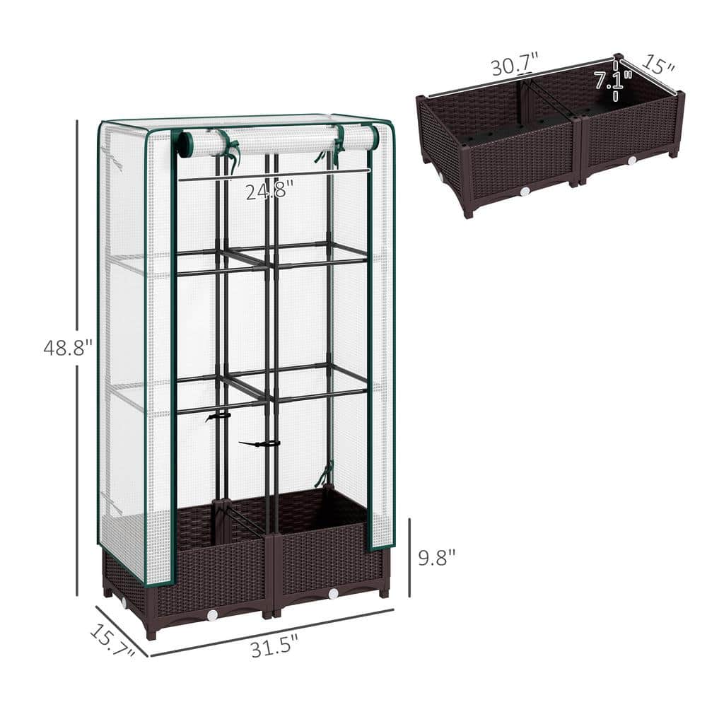 Brown Plastic Raised Garden Bed with Trellis and PE Greenhouse Cover