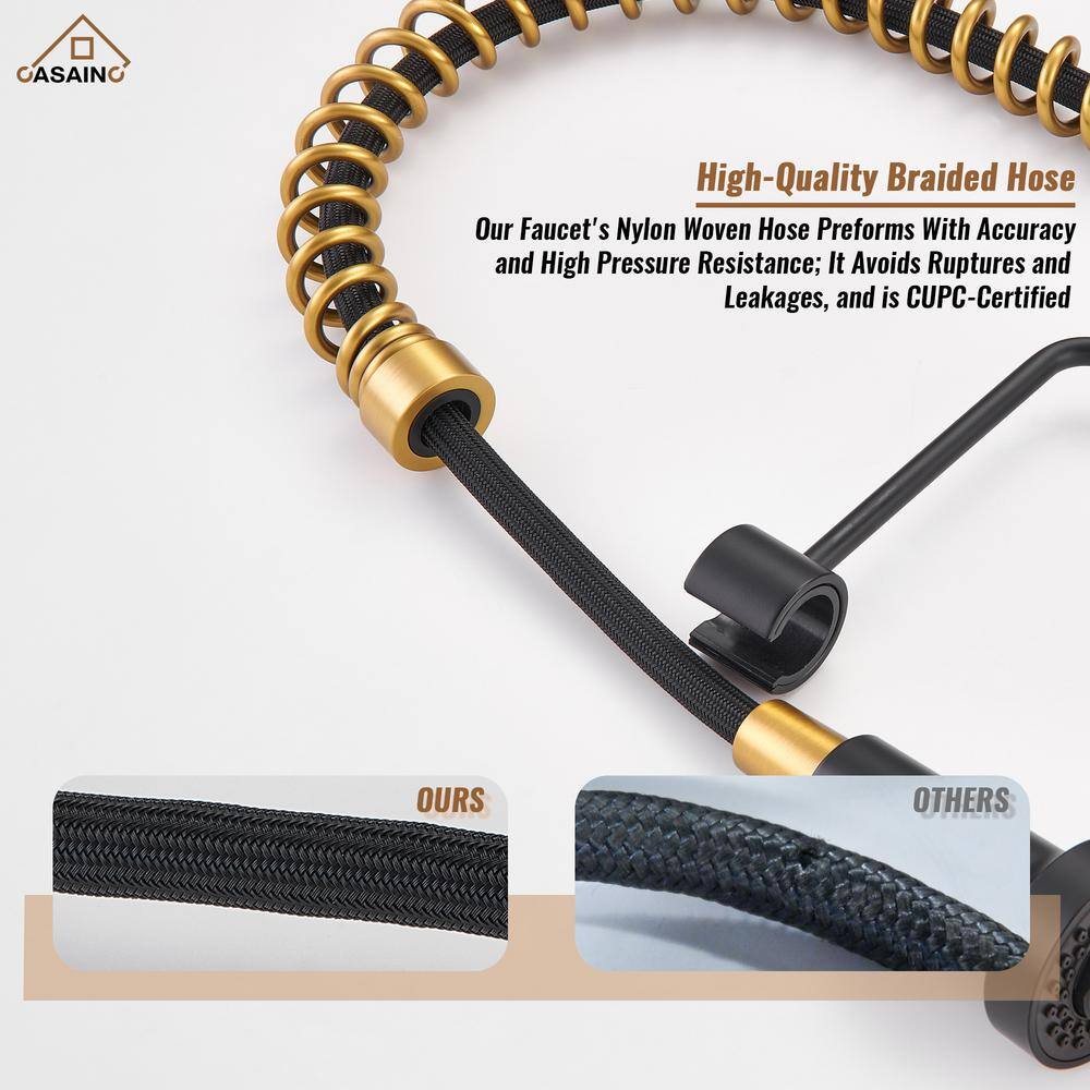 Matte Black and Brushed Gold Stainless Steel Pull-Down Kitchen Faucet