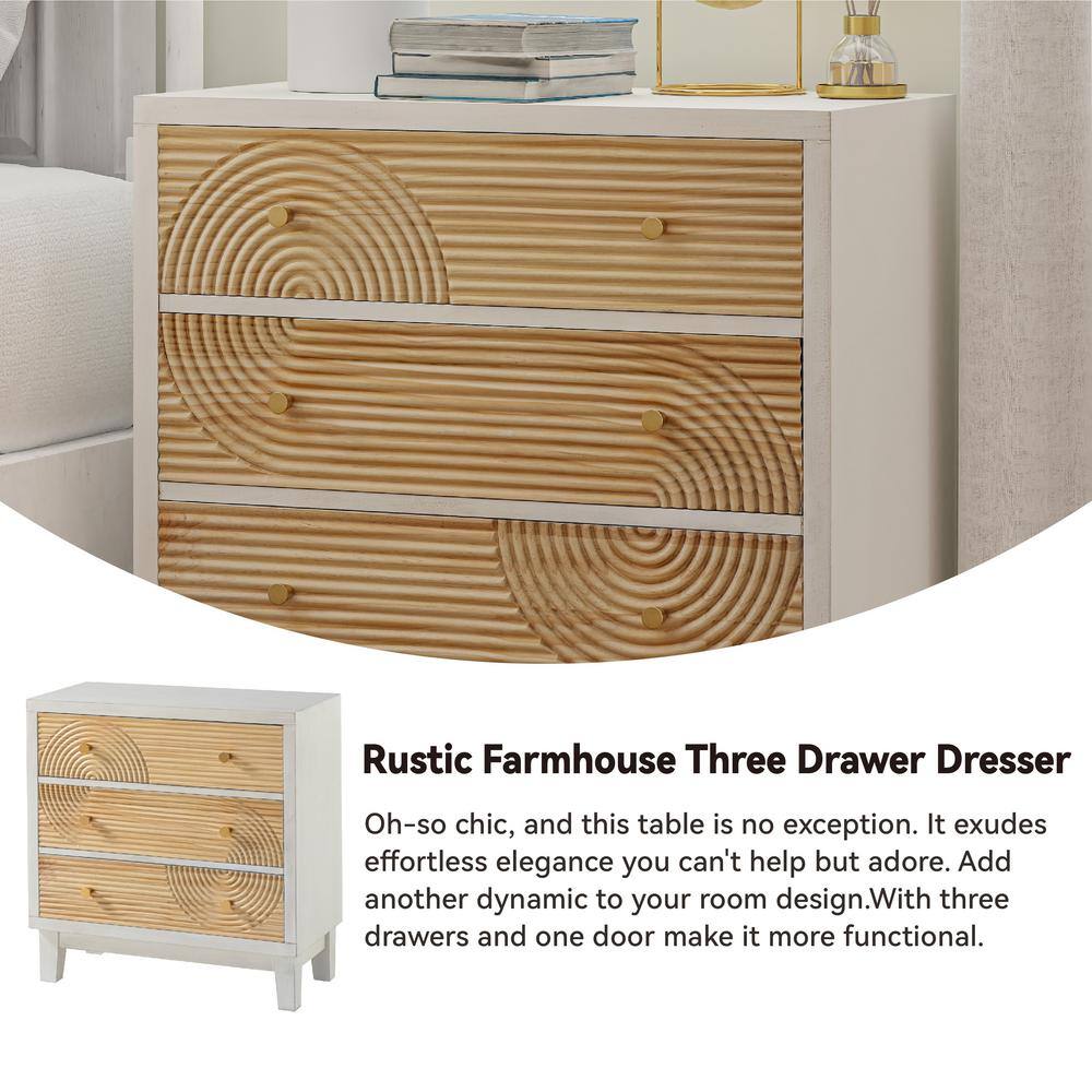 White 3-Drawer Farmhouse Dresser with Handicraft Wood Ring Motif