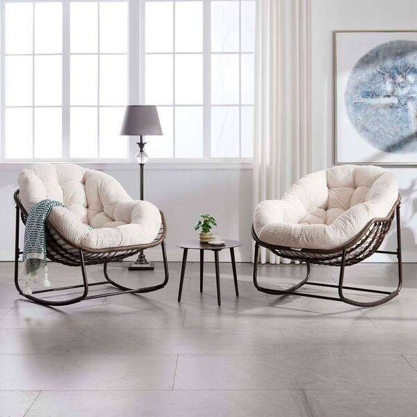 Metal Outdoor Rocking Chair with White Padded Cushions, Modern