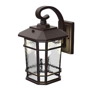 Williams 15.5 in. 1-Light Bronze LED Outdoor Wall Light Coach Sconce with Hammered Glass Dusk to Dawn (Bulb Included)