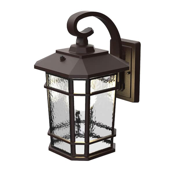 KODA Williams 15.5 in. 1-Light Bronze LED Outdoor Wall Light Coach Sconce with Hammered Glass Dusk to Dawn (Bulb Included)