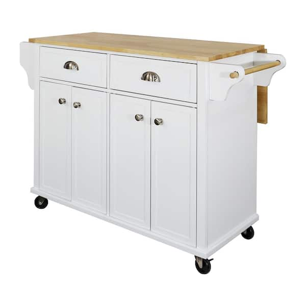 White Wooden 52 in.. Kitchen Island with Foldable Wooden Drop-Leaf ...