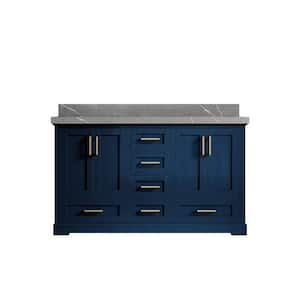 Boston 60 in. W x 22 in. D x 36 in. H Double Sink Bath Vanity in Navy Blue with 2" Piatra Quartz Top