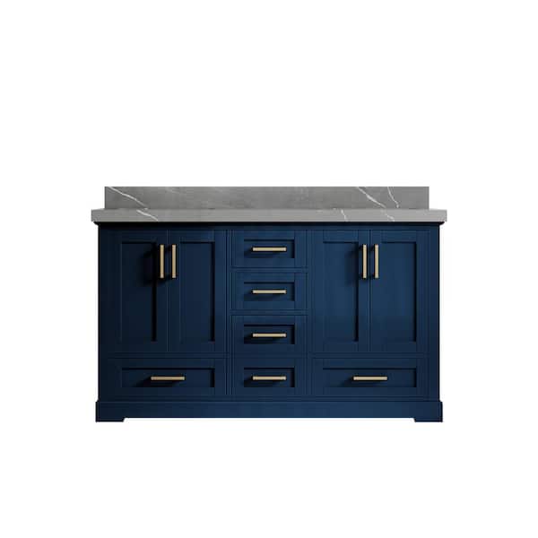 Willow Collections Boston 60 in. W x 22 in. D x 36 in. H Double Sink Bath Vanity in Navy Blue with 2" Piatra Quartz Top