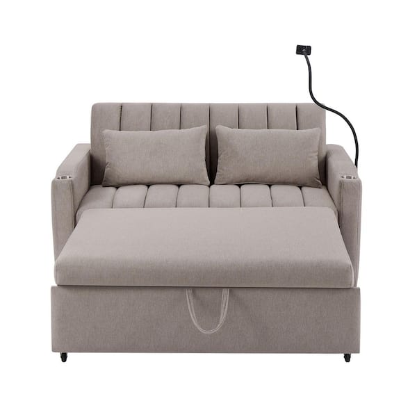 55.9 in. Light Grey Polyester Twin Size Convertible Sofa Bed with USB Ports and Side Pockets