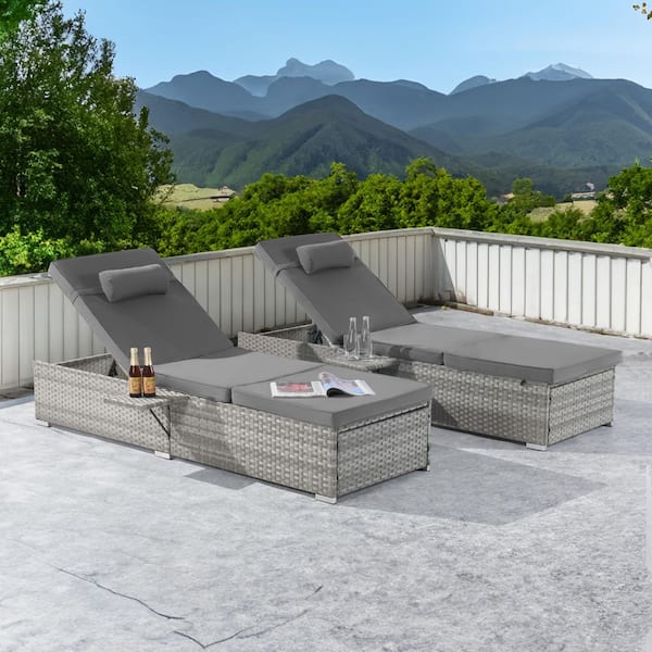 BFB Patio Gray Wicker Armrests Outdoor Chaise Lounge Chair with Height Adjustable Backrest (2-Pack)