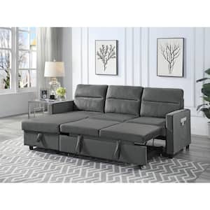 81.5 in. W Velvet Reversible Sleeper Sectional Sofa with Storage Chaise and Side Pocket in Dark Gray