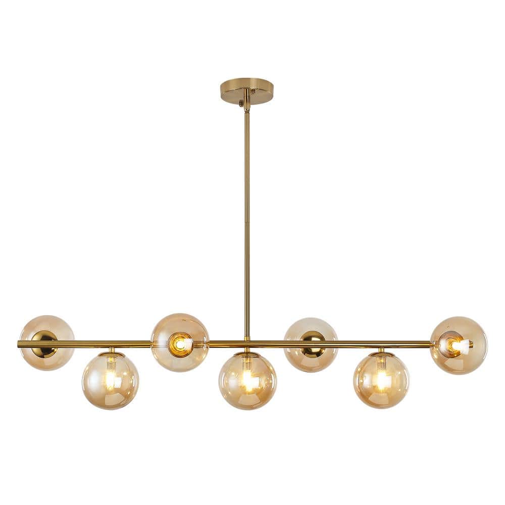7-Light Modern Linear Chandelier with Amber Glass Shade Gold Brass Chandeli
