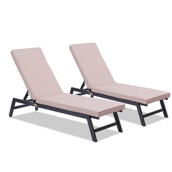 ANGELES HOME 2-Piece Aluminum Outdoor Chaise Lounge Set with Cushions, 5 Recline Positions Adjustable, Khaki