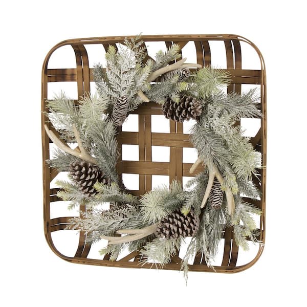 Glitzhome 24 in. Artificial Dia Flocked Pinecone and Antler Wreath with Bamboo Tobacco Basket