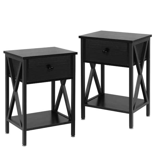 Nightstands X-Design Side End Table Night Stand Storage Shelf with Drawer 11.8Wx 15.8L x 21.7H Retro Black Set of 2