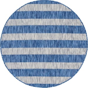 Outdoor Distressed Stripe Azure Blue 4 ft. Round Area Rug