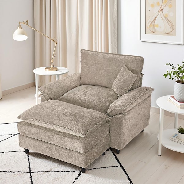 Oversized Camel Chenille Soft Single Sofa Arm Chair with Ottoman and 1-Small Pillow for Bedroom and Living room