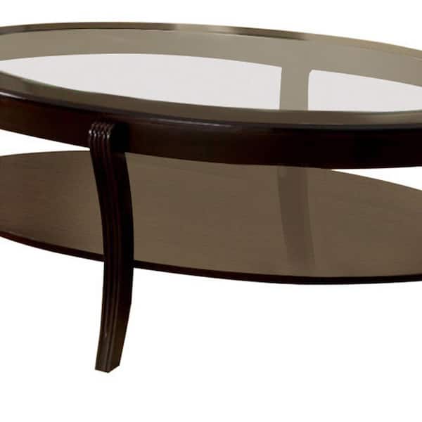 Benjara 49 in. Espresso Large Oval Glass Coffee Table with Shelf BM123254 -  The Home Depot