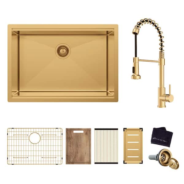 30 in. Undermount Single Bowl 18-Gauge Gold Stainless Steel Workstation Kitchen Sink with Spring Neck Faucet