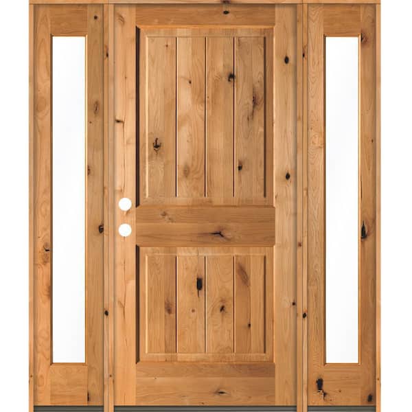 Krosswood Doors 64 in. x 80 in. Rustic Knotty Alder Square Clear Stain Wood V-Groove Right Hand Single Prehung Front Door/Full Sidelites