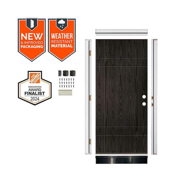 DIY 36 in. x 79 in. Left-Hand 10-Grid Solid Panel Baby Grand Stain Fiberglass Front Door Kit w/ Quick Assemble Jamb