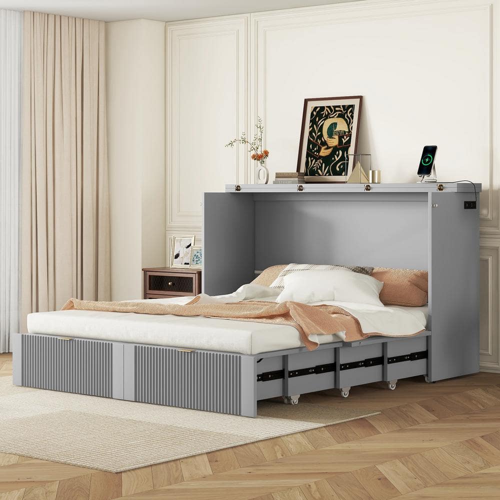 Harper & Bright Designs Gray Wood Frame Queen Size Murphy Bed with ...