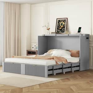 Gray Wood Frame Queen Size Murphy Bed with drawers, USB Ports and Sockets, Pulley Structure Design