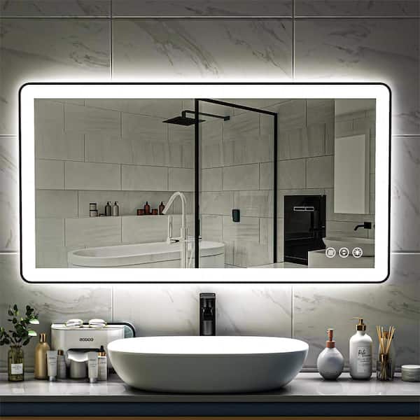 55 in. W x 30 in. H Rectangular Framed LED Anti-Fog Wall Mount Bathroom Mirror in Black with Backlit and Front Light