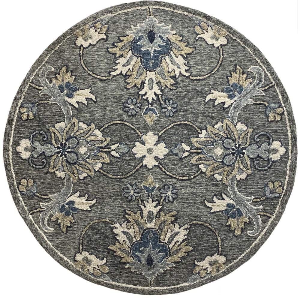 Delilah Zeno Gray 4 ft. 10 in. Round Traditional Floral Jacobean Wool Area 