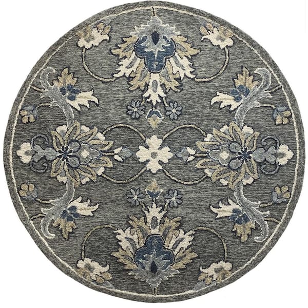Unbranded Delilah Zeno Gray 7 ft. 3 in. Round Traditional Floral Jacobean Wool Area Rug