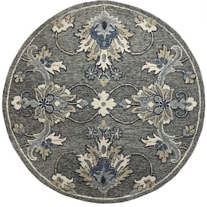Delilah Zeno Gray 7 ft. 3 in. Round Traditional Floral Jacobean Wool Area Rug