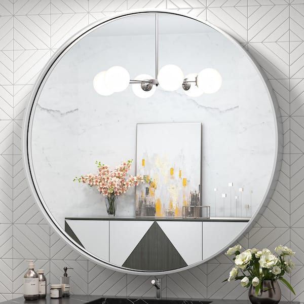 TETOTE 36 in. W x 36 in. H Large Round Metal Framed Modern Wall Mounted Bathroom Vanity Mirror in Brush Nickel