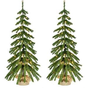 4 ft. Pre-Lit Downswept Farmhouse Fir Artificial Christmas Tree with Burlap Bag and Warm White LED Lights, (Set of 2)