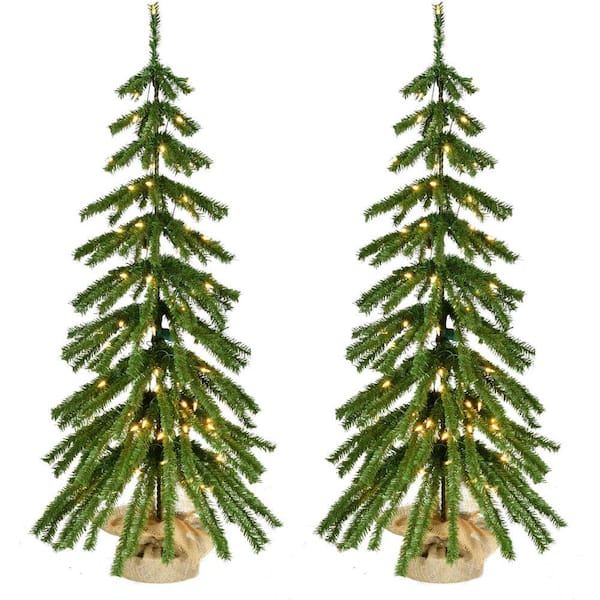 Fraser Hill Farm 4 ft. Pre-Lit Downswept Farmhouse Fir Artificial Christmas Tree with Burlap Bag and Warm White LED Lights, (Set of 2)