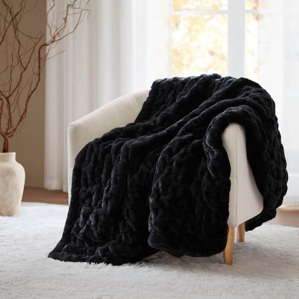 Ruched Fur Black Polyester Throw Blanket