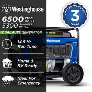 6,500/5,300-Watt Dual Fuel Gas and Propane Powered Portable Generator with Digital Display, 30A 120/240V Outlet