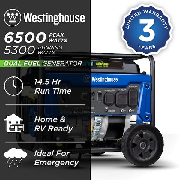 6,500/5,300-Watt Dual Fuel Gas and Propane Powered Portable Generator with Digital Display, 30A 120/240V Outlet