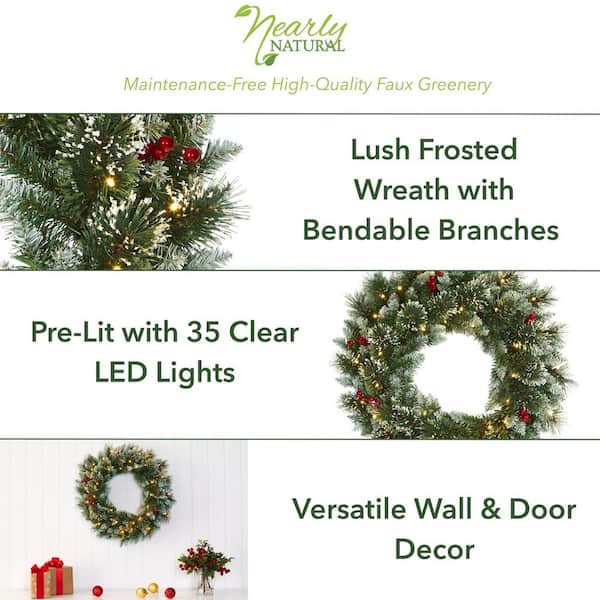 24 in. Pre-Lit Frosted Swiss Pine Artificial Wreath with 35 Clear LED Lights and Berries