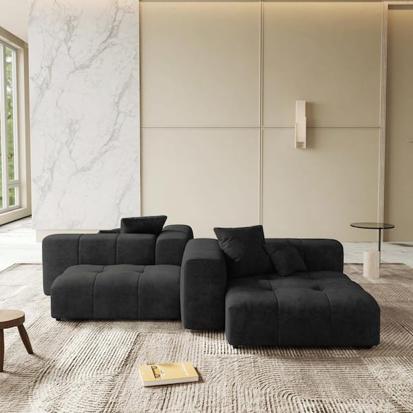 105 in. Black Upholstery Linen Square Arm Chaise Lounge, Extra-Deep Seat Modular Sofa 2-Seater with Ottoman and Pillows