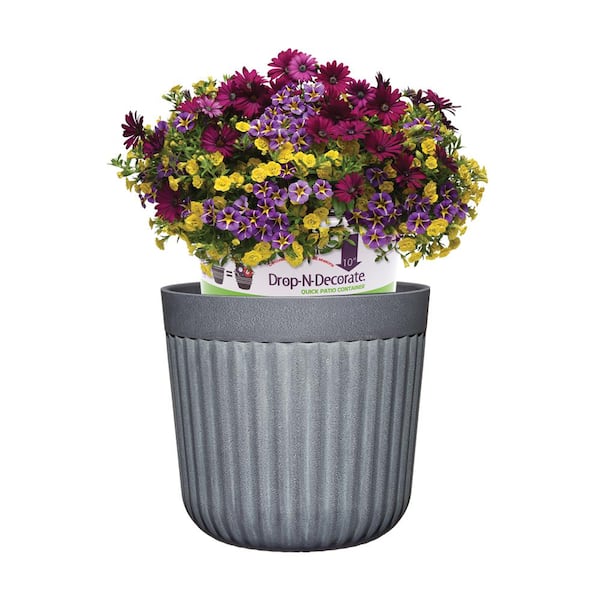 Arlington Fluted Medium Slate Resin Drop-N-Decorate Round Planter (10.8 in. L x 10.8 in. W x 10 in. H)