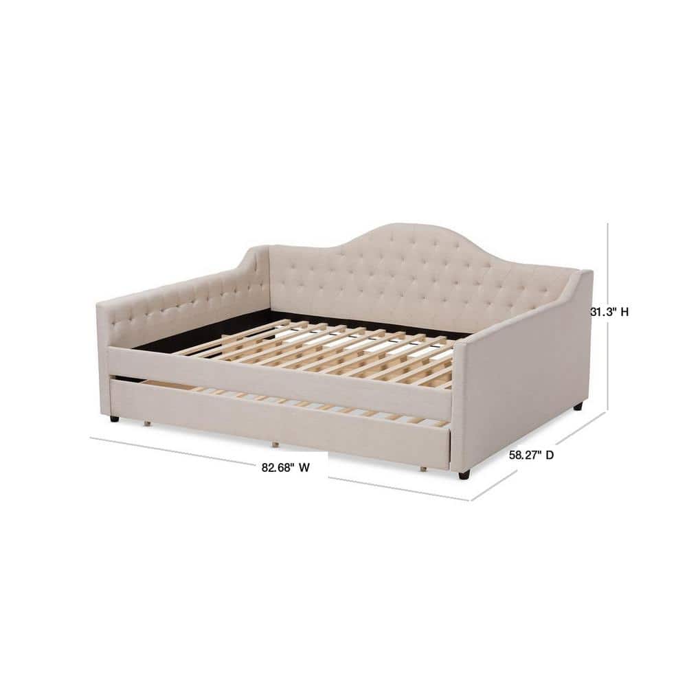 Light Beige Full Upholstered Daybed with Trundle and Tufted Headboard