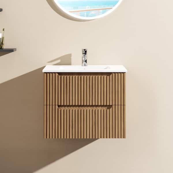 Staykiwi 24 in. W x 18.5 in. D x 19.8 in. H Single Sink Floating Bath Vanity in Walnut with White Ceramic Sink Top