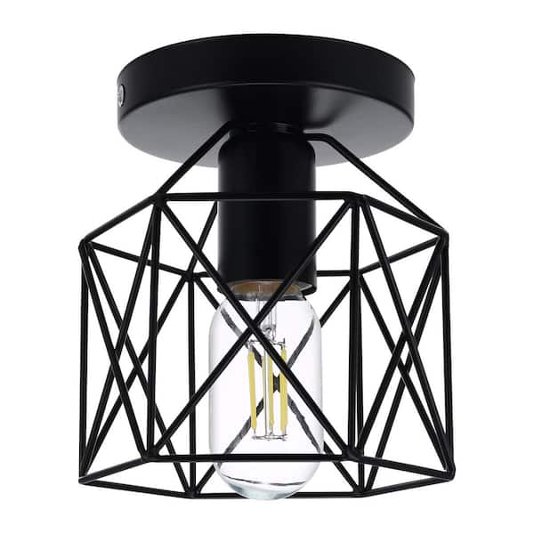 6 in. 1-Light Black Semi-Flush Mount with Metal Cage Shade and (1-Pack)
