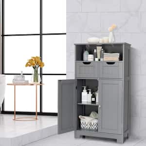 Gray Wooden Floor Storage Cabinet For Livingroom Bathroom Office w/Open Shelf, 2 Doors and 2 Drawers