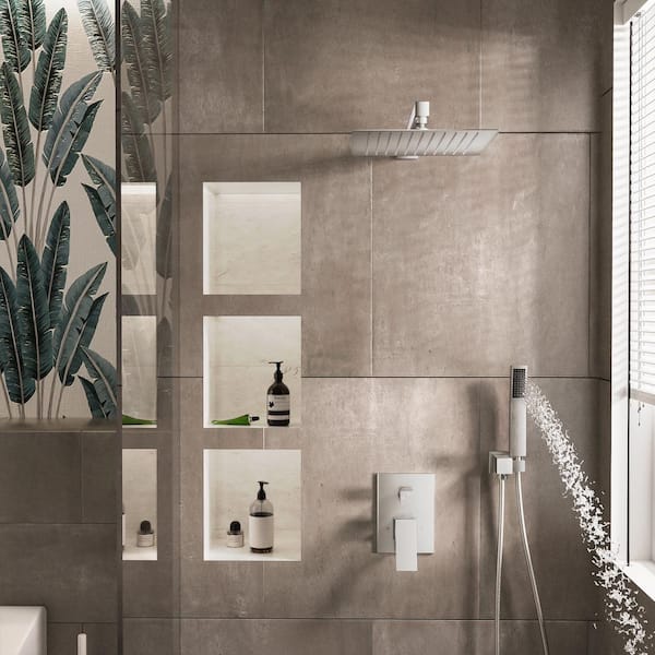 1-Spray Patterns with 2.5 GPM 10 in. Wall Mount Rain Dual Shower Heads in Brushed Nickel, Shower System/Faucet Set