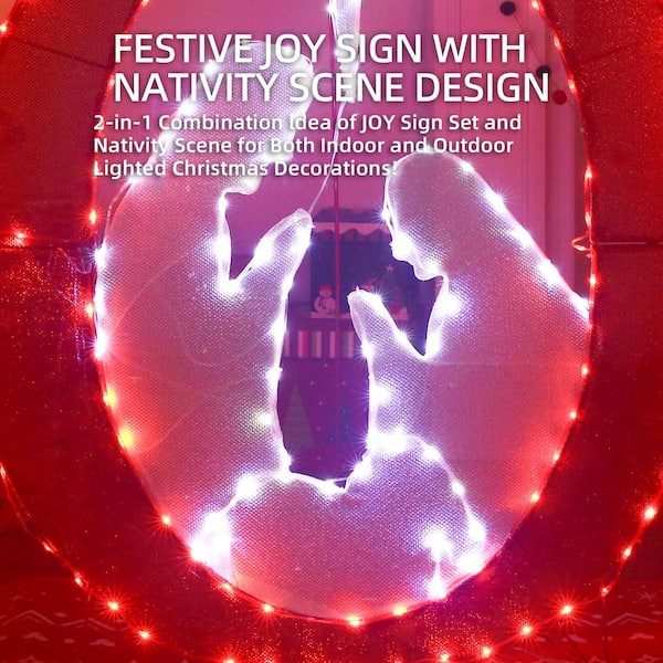 49 in. Outdoor Christmas Decoration Joy Nativity Scene with Red and White LED Lights